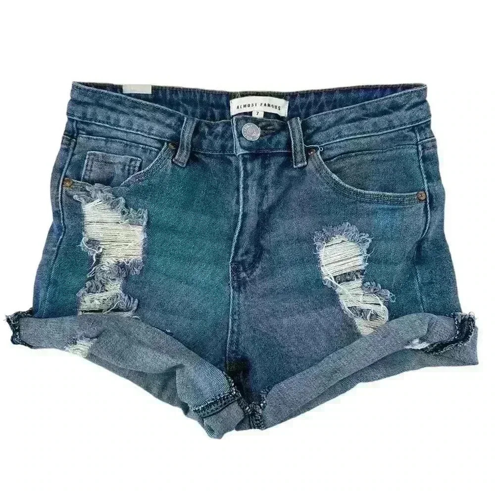 Almost Famous Mid Rise Jean Shorts Women's Size 7 Stretch Distressesd